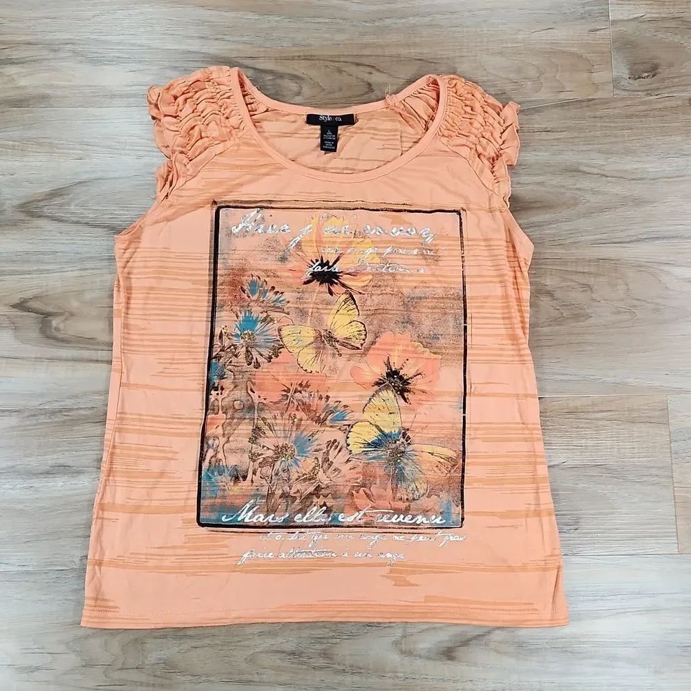 🔺️Style & Co Orange Burnout Screen Print Sleeveless Top Large